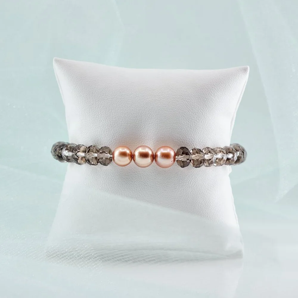 Smoky Quartz Bracelet w/Gold Pearls, Dainty Genuine Gemstone Stretch Bracelet